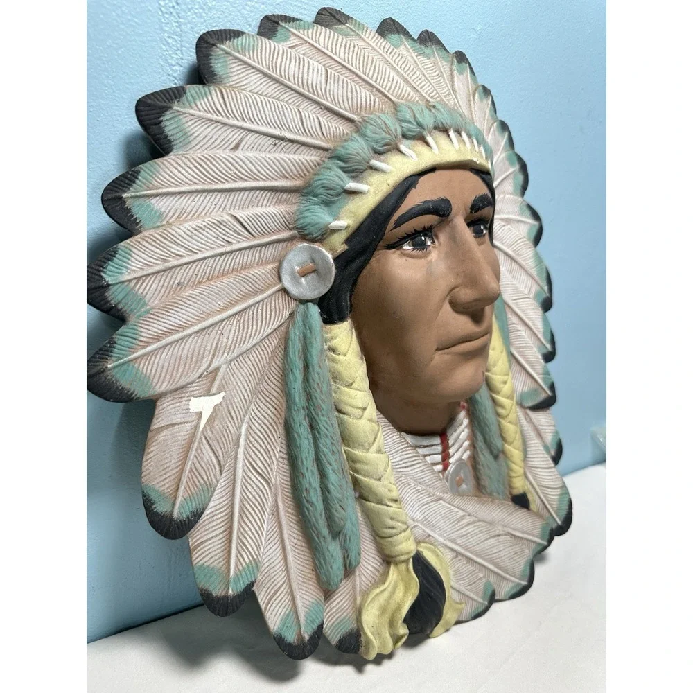Vintage Native American Indian Plaque Ceramic Art Hand Painted Chief Chipped